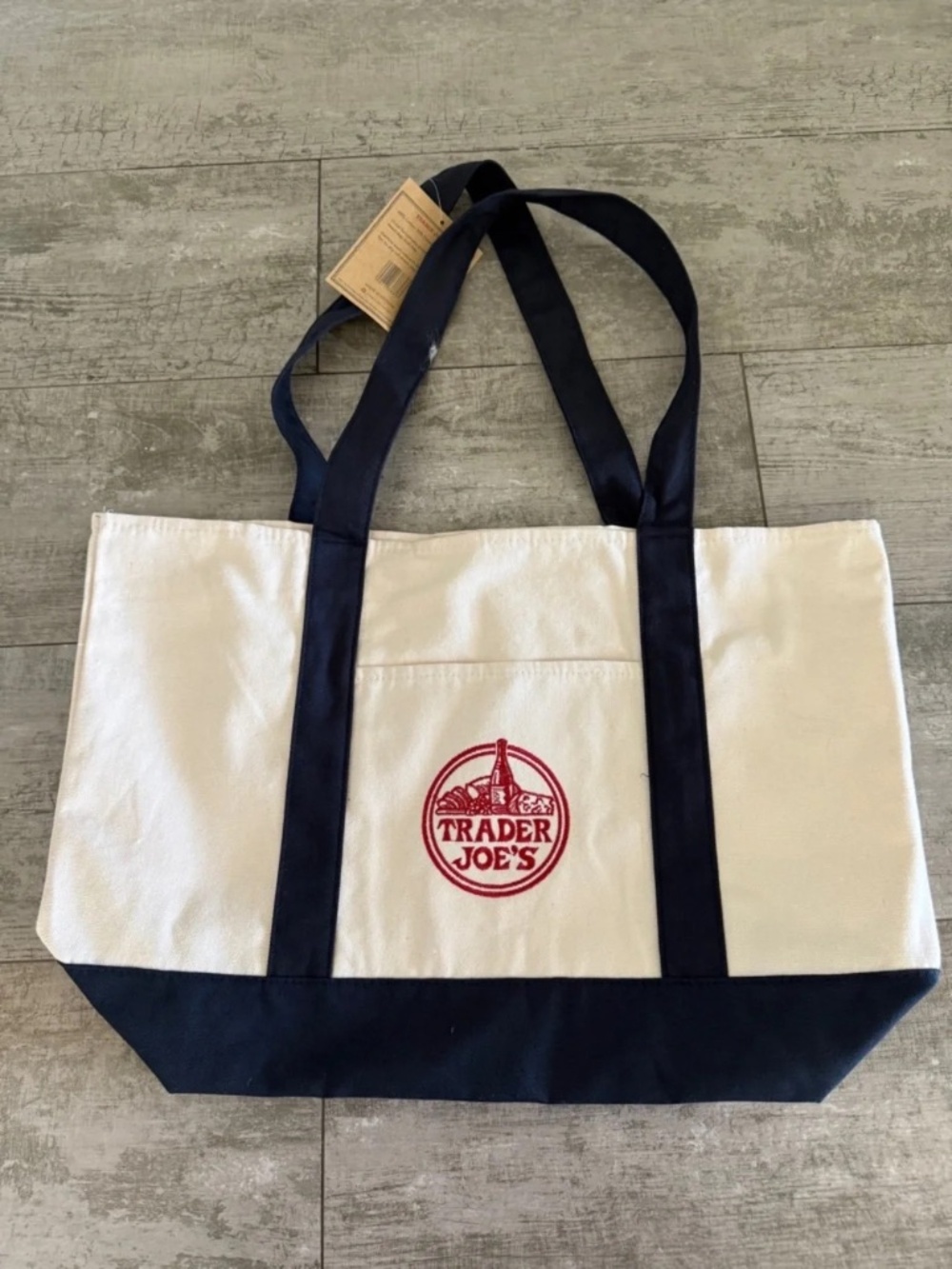Trader Joe's canvas tote in navy and cream.  NWT HARD TO FIND